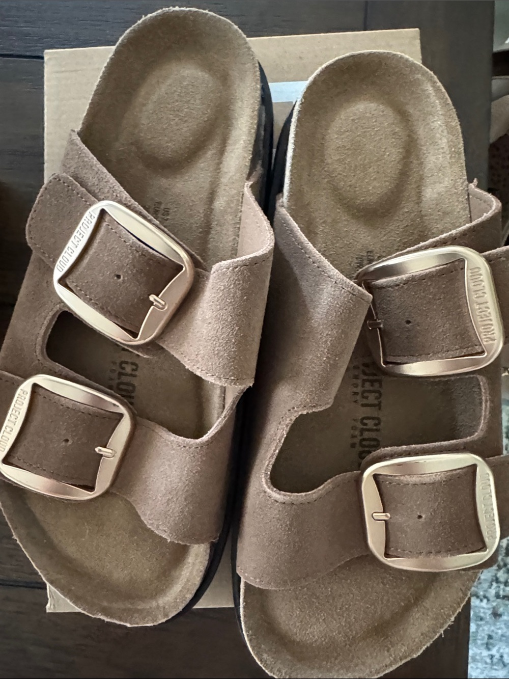 Women’s Suede Double Buckle Platform Sandals in Brown
